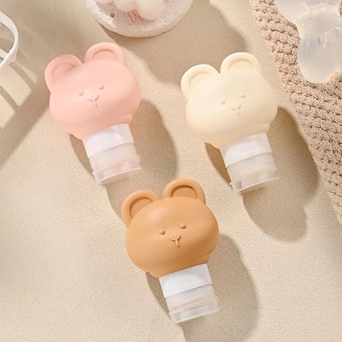 Cute Bear Travel Bottles Set for Toiletries 3 Pack 2.8oz 80ML Leak Proof Silicone Containers for Conditioner Shampoo Lotion (Brown)