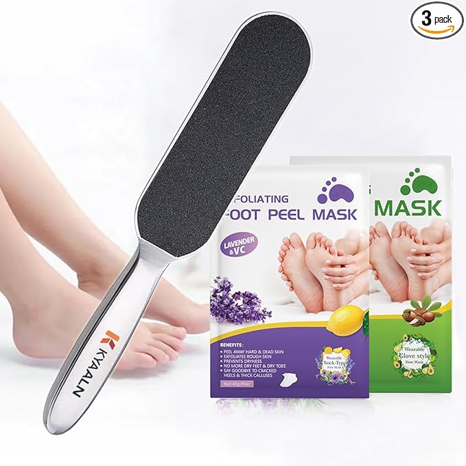 Professional Stainless Foot File & Rasp Callus Remover - Remove Hard & Dead Skin, Dual Sided for Wet and Dry Feet, Innovative Pedicure Solution with 2pcs Foot Mask Set