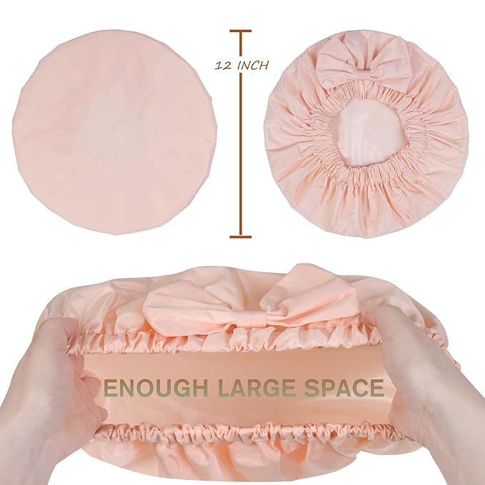 Reusable Shower Cap for Women with Stylish Bow, Non-Slip Waterproof Anti Humidity Bathing Cap, Roomy Anti Frizz for Short Medium Straight Wavy Hair, Soft Elastic & Machine Washable, Pink