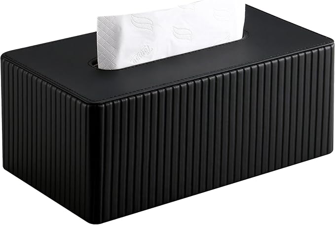 KINGFOM PU Leather Tissue Box Cover Rectangular Tissue Box Holder with Magnetic Bottom, Napkin & Facial Tissue Holder Dispenser for Home, Office for Standard 120-count/160-count (2-Ply) Black Stripe