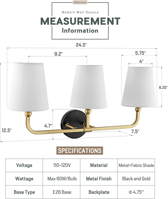 Bathroom Light Fixtures, Black and Gold Vanity Lights with Flared White Fabric Shade, 3-Light Wall Sconce, Modern Sconces Wall Lighting for Hallway Bedroom, VL837-KG-3