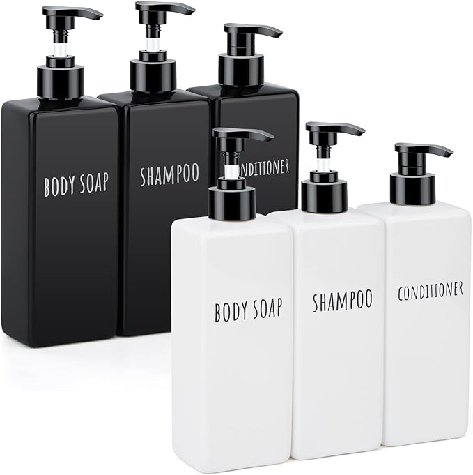 Segbeauty Refillable Shampoo and Conditioner Bottles Set, 6 Pack Empty Plastic Square Shower Bottle, 16.9oz 500ml Bathroom Soap Dispenser for Body Wash, Shampoo Containers for Shower Bathroom Kitchen