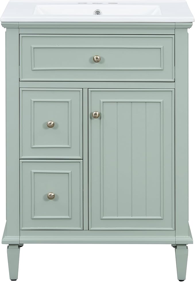 Harper & Bright Designs 24" Bathroom Vanity with Sink, Free Standing Single Basin Vanity Set with Tip-Out Drawer, 2 Drawers, and One Door, Storage Cabinet with Ceramic Basin for Bathroom, Green