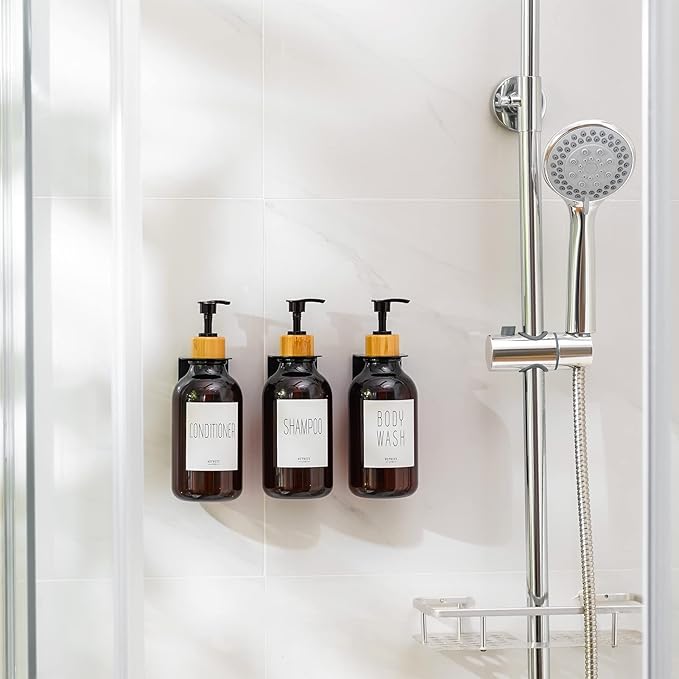 VITVITI Shampoo and Conditioner Dispenser, Body Wash Shower Soap Dispenser Wall Mounted 3 Chamber, Drill Free 17oz Plastic Shower Bottles for Bathroom, Brown 3 Sets