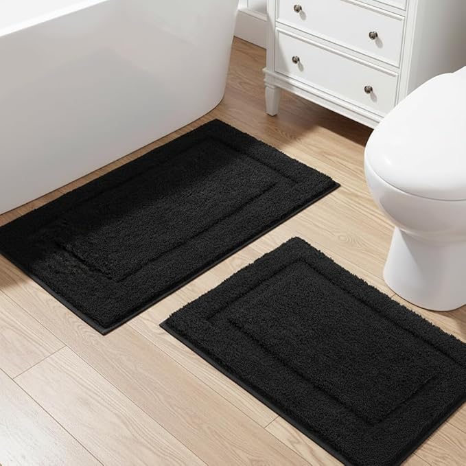 SHACOS Super Soft Black Bathroom Rugs Set of 2 Pieces 32x20 + 24x16 inch Non Slip Washable Plush Bath Rugs Mats Bathroom Carpets for Shower Tub