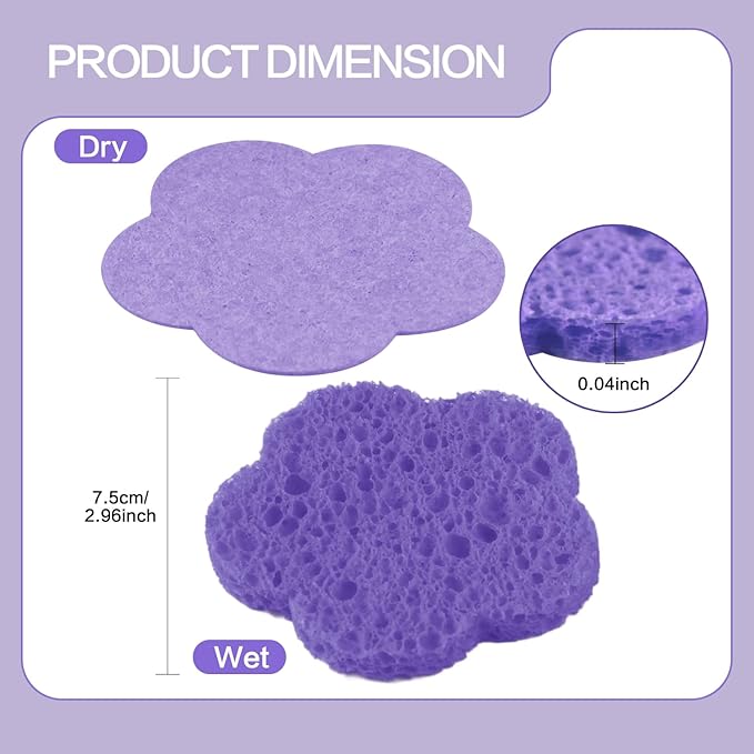 100-Count Facial Sponges Compressed Facial Sponges Natural Facial Cleansing Sponges Pads Cute Flower Shape Exfoliating Sponges for Cleansing Reusable,Best Makeup Gift, Purple