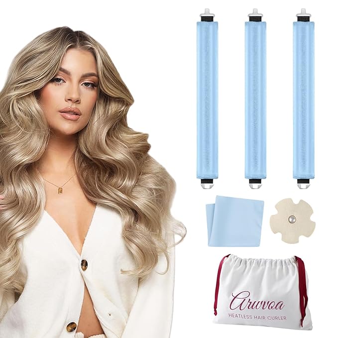 Heatless Curls Overnight Heatless Hair Curler Heatless Blowout with Luxury White Bag Silk Scarf, Curling Rod to Sleep in No Heat Curling Headband, (Blue 3PC)