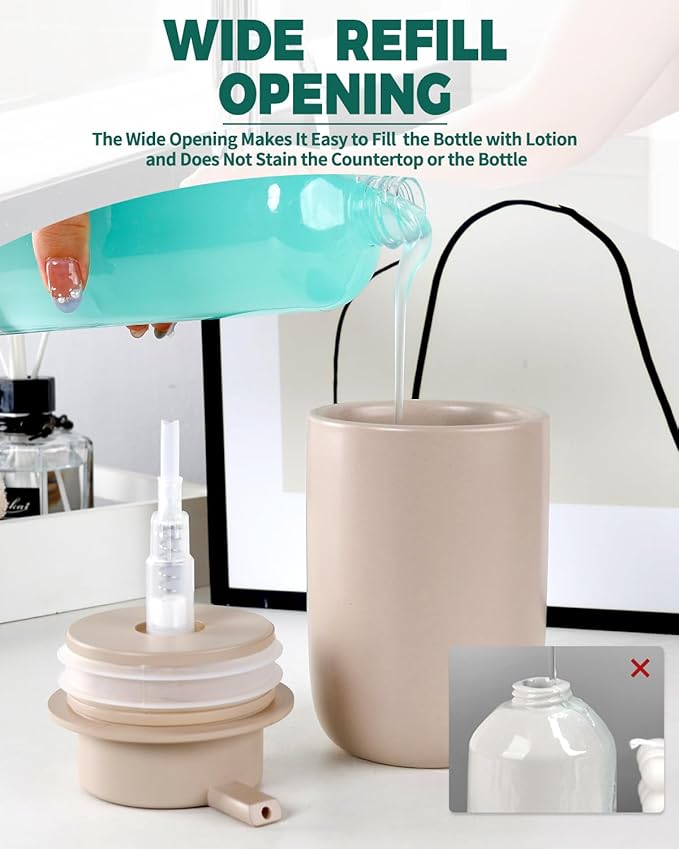 BosilunLife Lotion Pump Dispenser - Matte Khaki Soap Dispenser Bathroom Ceramic Dish Liquid Soap Dispenser for Kitchen, Bathroom Countertop Soap Dispensers (Khaki, Liquid Pump)