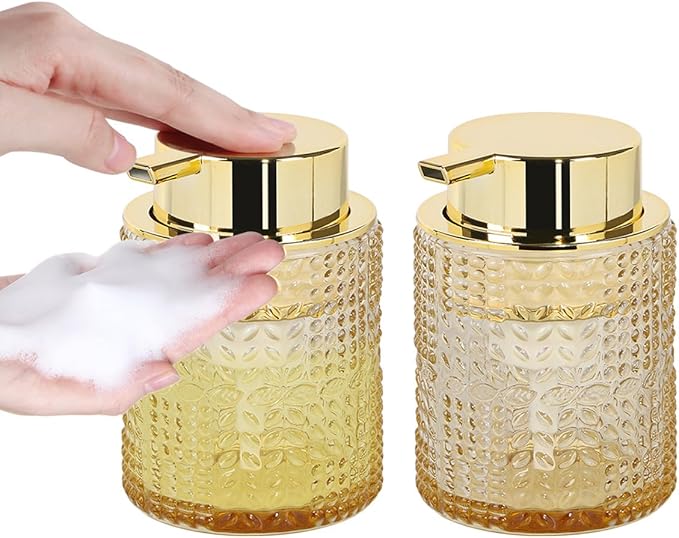Amber Glass Foaming Soap Dispenser, 2pcs Refillable Foam Soap Dispenser with Gold Pump, Glass Lotion Container Bottle for Kitchen and Bathroom Countertop,Wide-Mouthed and Easy to Press
