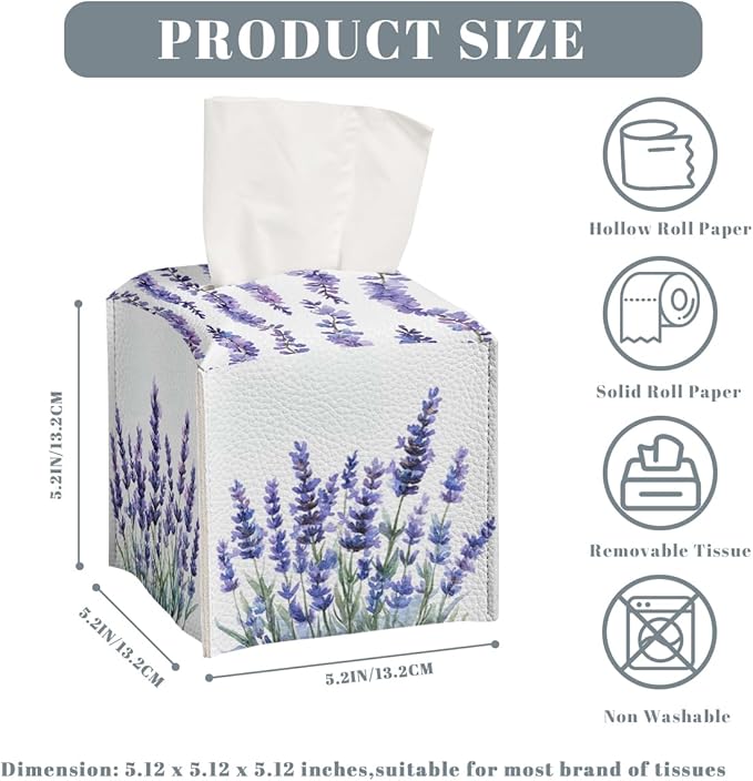 Butterfly Tissue Box Cover Purple Lavender Blossoms Garden Square PU Leather Waterproof Tissue Box Holder for Bathroom Kitchen Bedroom Vanity Countertop Night Stands