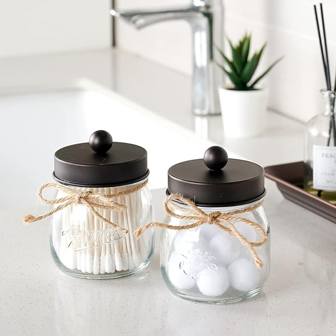SheeChung 3 Pack Qtip Holder for Bathroom, Cotton Swab Holders, Bathroom Decor, Apothecary Jars with Lids for Cotton Round Pads, Balls, Floss Picks - Bronze