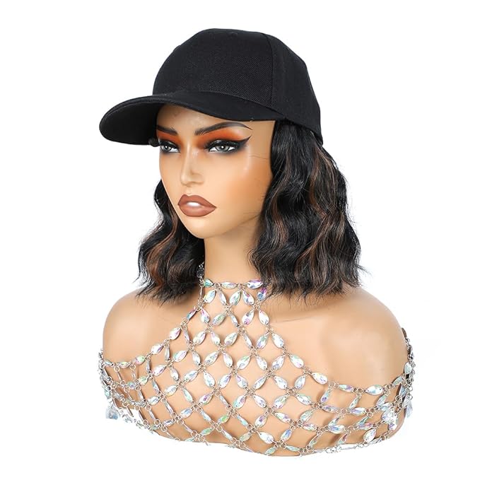 GUOJIAN Hat Wigs for Women 6' Short Wave Baseball Cap Wigs with Curly Hair Extensions Synthetic Wave Wig Adjustable Hat with Hair Attached for Daily Use (1B/30, 6inch)