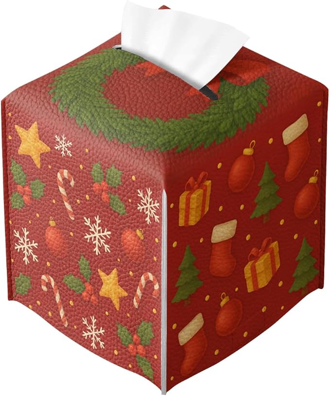 Christmas Tissue Box Cover Funny Cartoon Cute Red Xmas Holly Leather Tissue Box Holder Square Facial Paper Organizer Dispenser for Car Bathroom Bedroom Office Tabletop Decor