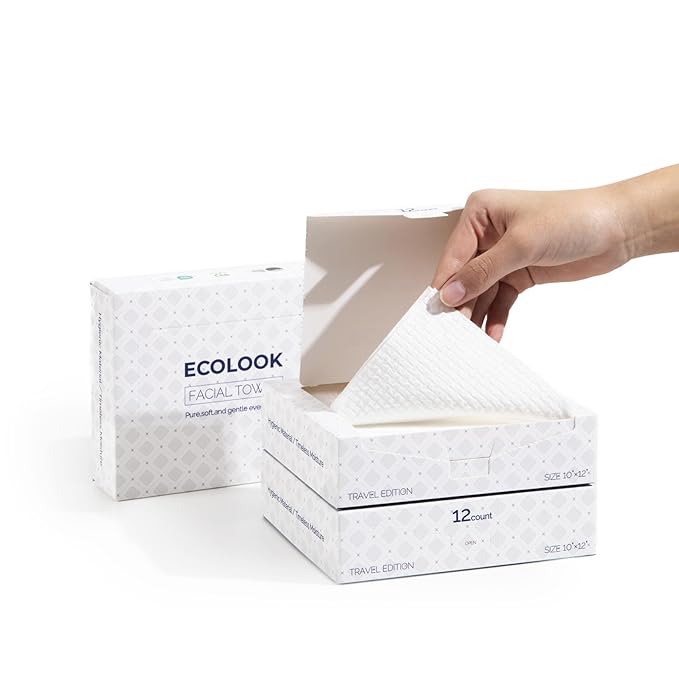 ECOLOOK Face Towels XL Travel Pack, 3-Box (12 Count Each)| Thickened Disposable Face Towels for Travel| TSA-Friendly,Premium Dry Wipes for Sensitive Skin & Makeup Removal