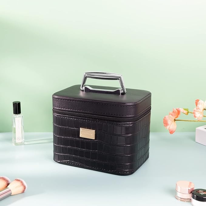 Fashion makeup box, Portable leather hard cosmetic case with mirror, Professional train case make up box for women adults. (Black)