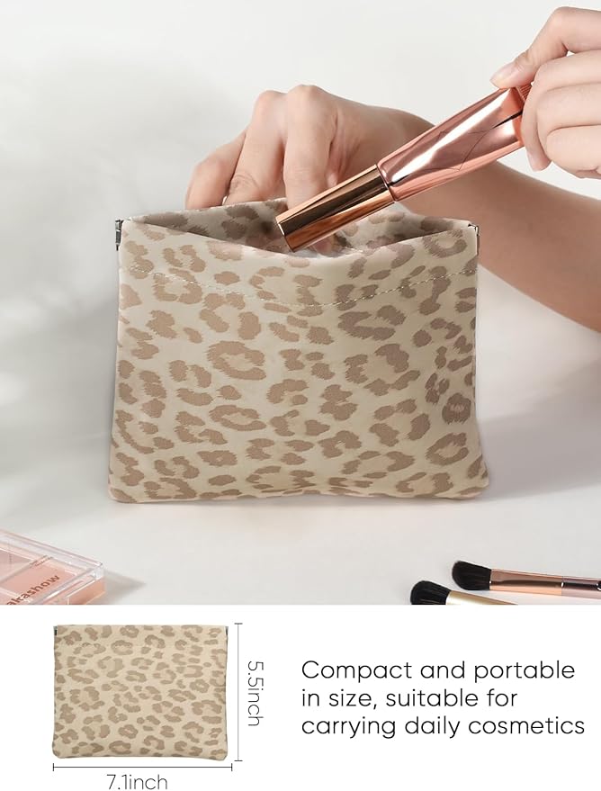 Leopard Leather Small Makeup Pouch for Women,Cosmetic Accessories,Waterproof and Portable Cosmetic Bag,Self-closing, No Zipper, Aesthetic Storage Pouch,Lipstick for Purse,Oyster Grey Brown