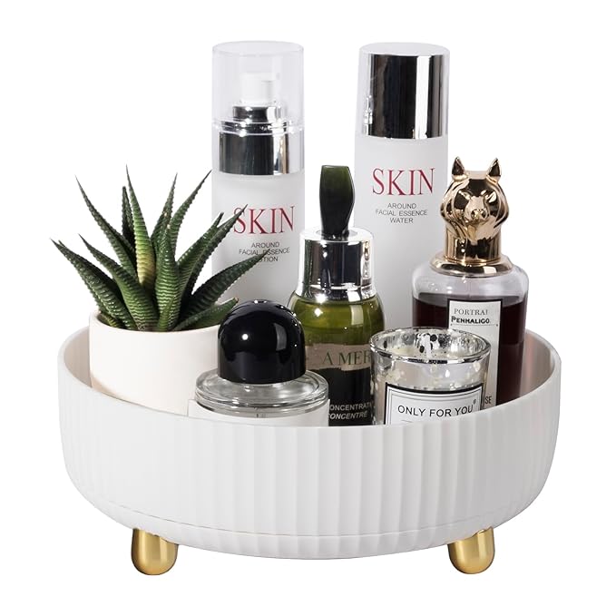 Anyoifax Makeup Perfume Organizer Tray 360 Degree Rotating Lazy Susan Skincare Lotion Organizer Spinning Cosmetics Storage for Dresser, Vanity, Bathroom Countertop, Small Ivory White
