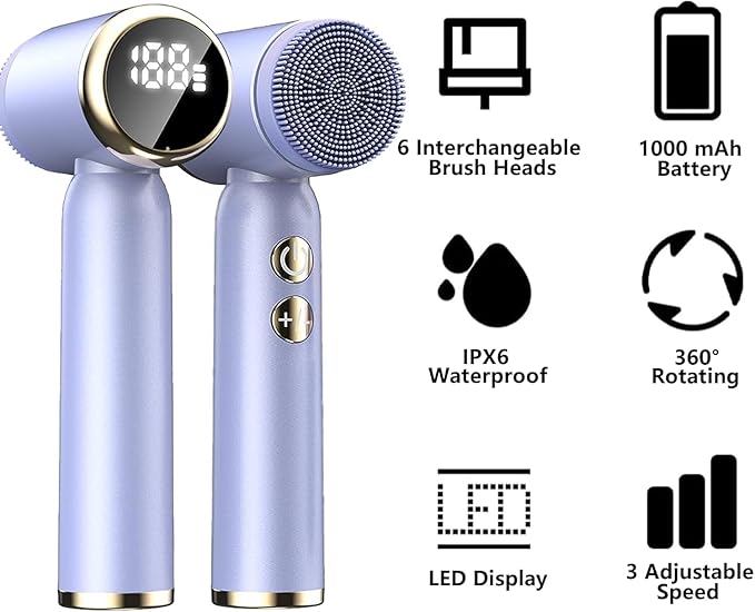 6-in-1 Facial Cleansing Brush Electric Face Scrubber – 3-Speed Waterproof Spin Brush with 6 Replacement Heads, Rechargeable Deep Pore Cleanser for Dry, Oily & Sensitive Skin (Purple)