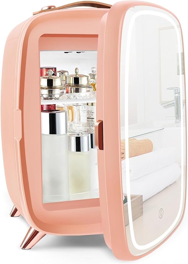 KFO Skincare Fridge 6L with Mirror and Light（3-Light Mode） | Pro-Style Beauty Fridge for Bedroom & Makeup | 6°C Cooling + 20dB Ultra-Quiet | 8-Can Drink and Cosmetic Storage & Adjustable Shelf