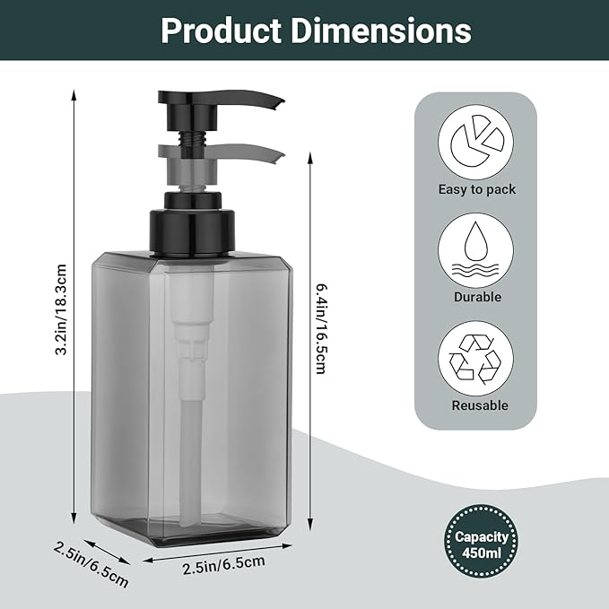 Suream Plastic Soap Dispenser 15oz/450ml, 3 Packs Shampoo Bottles Refillable with Pump and Labels, Body Wash Dispenser for Shower, Shampoo Container for Soap Cream Lotion Gel(Grey)