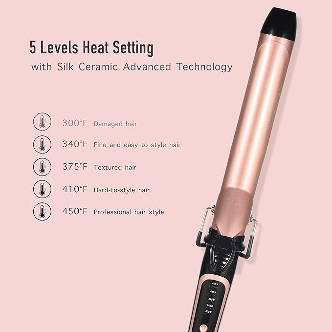 LANVIER 1.25 Inch Long Barrel Curling Iron, 1 1/4 Inch Curling Iron for Medium to Long Hair up to 450F, Worldwide Dual Voltage Curler for Traveling, Waving Style Tool - Rose Gold