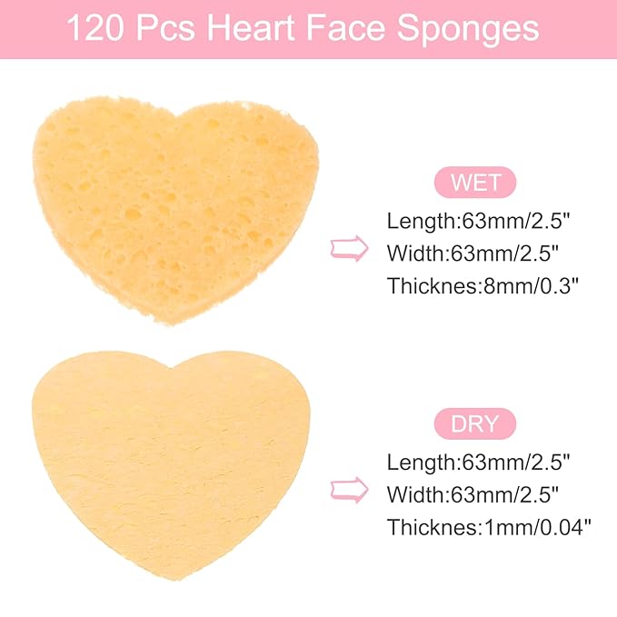 uxcell 120 Count Compressed Facial Sponges Heart-Shaped Face Cleansing Sponges Pads for Daily Skincare Routines at Home, Kitchen, Travel, Orange