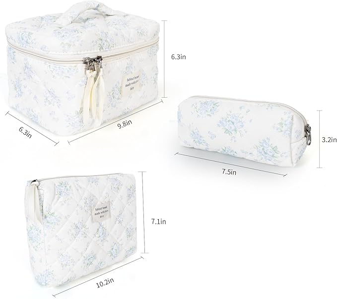 3Pcs Cotton Quilted Makeup Bag Large Travel Cosmetic Bag Coquette Makeup Pouch Cute Aesthetic Floral Toiletry Bag for Women Girls (flower-T)