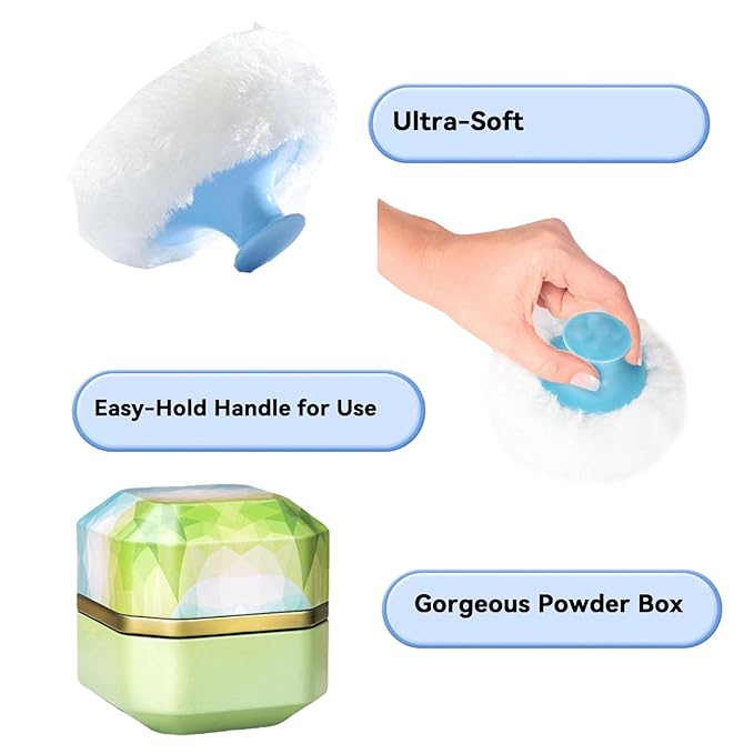 Body Powder Puff and Container, 3.35" Portable Dusting Powder Container with Soft Puff Powder Case Box Jar for Baby Women Home and Travel Use (Green)