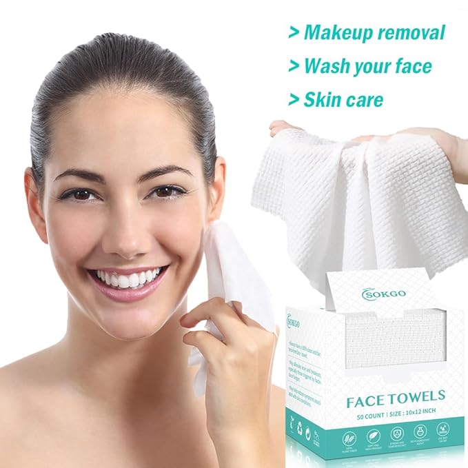 Disposable Face Towels, Facial Cleansing Cloths, Extra Soft Makeup Removing Cleansing 10"×12" Face Towelettes, Skin Care and Makeup Removal, 102% Pure Plant Fiber