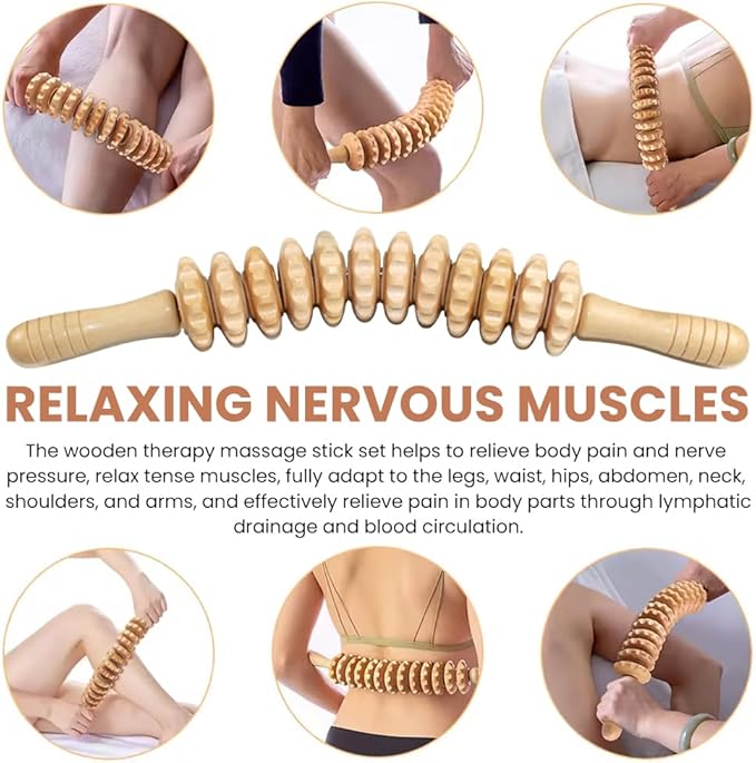 Wooden Massage Roller Stick with Triangle Massager, 12 Rollers Curved Wood Therapy-Massage Tool for Cellulite Reduction and Muscle Tension, 16.9inch