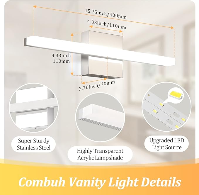 Combuh LED Bathroom Vanity Light Lamp 16Inch 9W IP44 Chrome Over Mirror Lighting Fixture Indoor Wall Sconce Modern Natural White 4000K