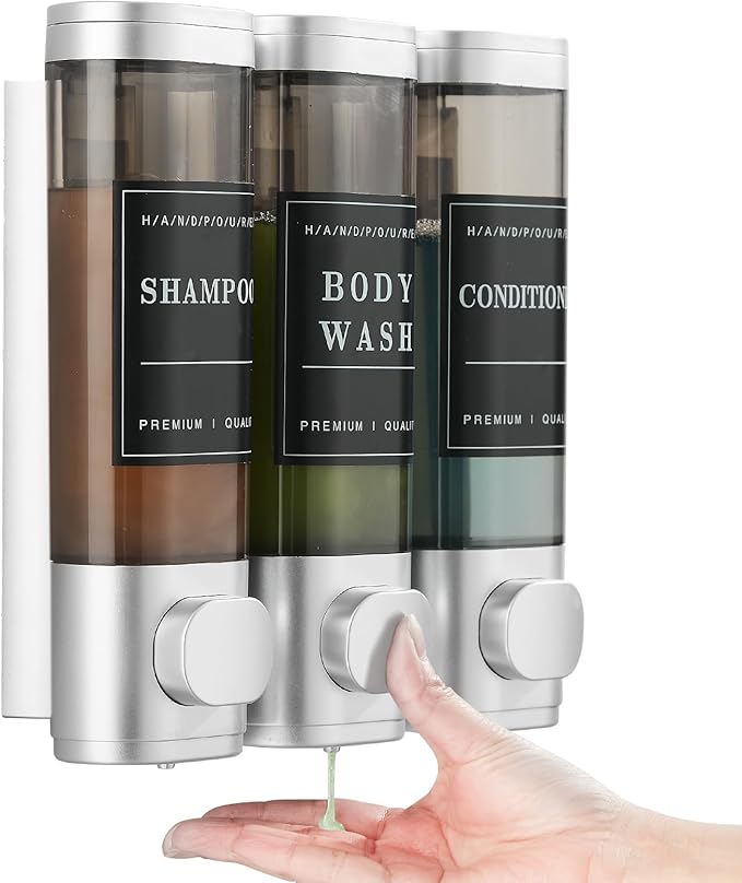 Shower Soap Dispenser 3 Chamber No Drill Wall-Mounted,Shampoo and Conditioner Dispenser Shampoo Dispenser for Shower Wall Mounted Body Wash Dispenser for Bathroom Hotel Kitchen Large Capacity