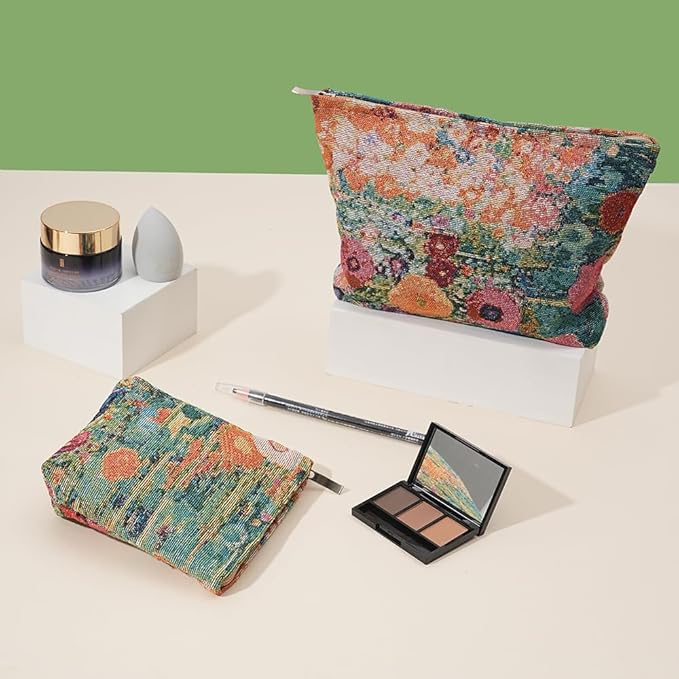 2 PCS Makeup Bag Small Cute Cosmetic Bags for Women，Floral Travel Toiletry Bag for Purse, Large Canvas Cosmetic Pouch Makeup Organizer Tool Pouch with Zipper（Oil Painting Garden）