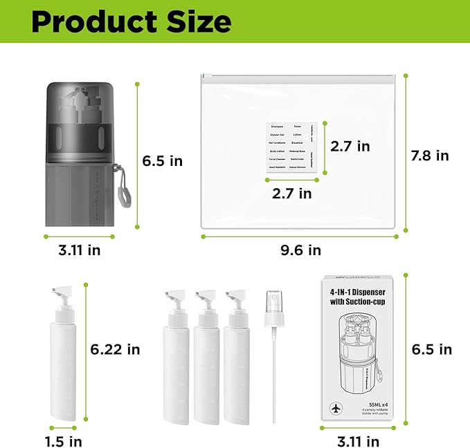 4 in 1 Travel Dispenser Bottle, TSA Approved Refillable Shampoo and Conditioner Bottles Set with Suction Cup for Smooth Walls, Travel Size Toiletries Container for Body Wash/Lotion.(Grey)