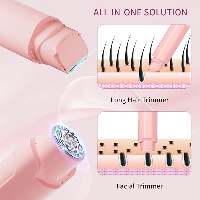 Bikini Trimmer for Women - 2 in 1 Women Electric Razor, Rechargeable Body Hair Trimmer and Facial Hair Remover, IPX7 Waterproof Wet & Dry Use Womens Electric Shaver for Bikini Underarm Leg Arm Body