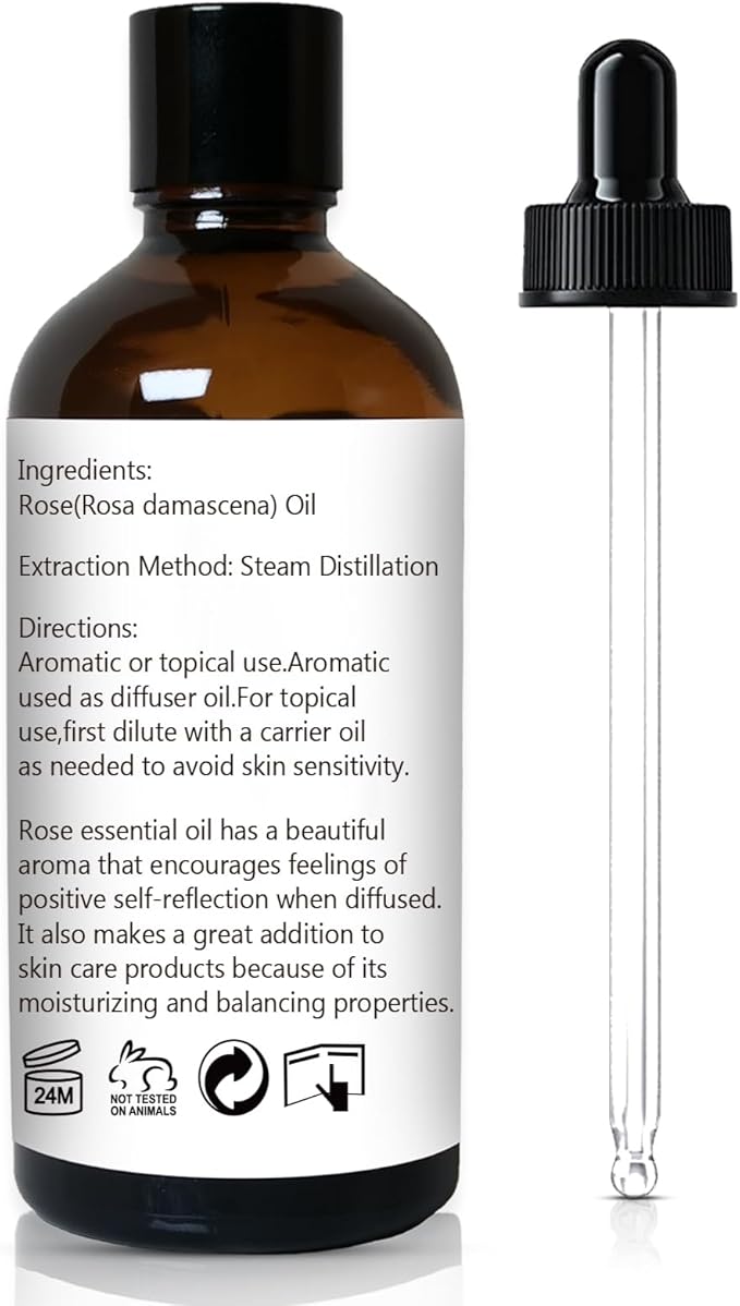 Rose Essential Oil for Face, Hair, Body, Skin, Aromatherapy, Essential Oils Diffuser, DIY Blends - 3.38 Oz