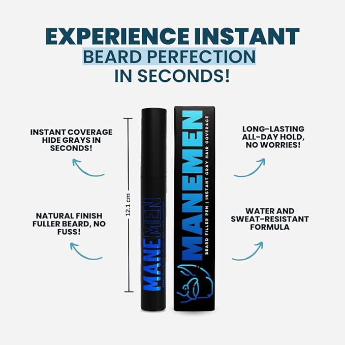 Manemen Beard Filler Pen For Men. Instant Gray Hair Coverage. Easy to Use Temporary Color for Beard, Mustache and Eyebrows. All Day Natural Finish - 2-in-1 Formula. Up to 40 Applications