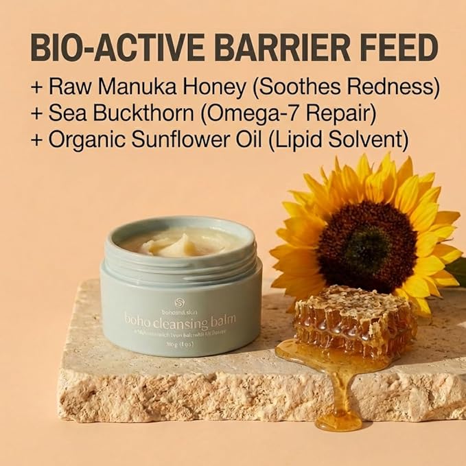 Boho Cleansing Balm – Manuka Honey & Sea Buckthorn – Hydrating Makeup Remover & Double Cleanse for Sensitive Skin – Melts Waterproof Mascara & SPF – Barrier Support Face Wash (2oz)