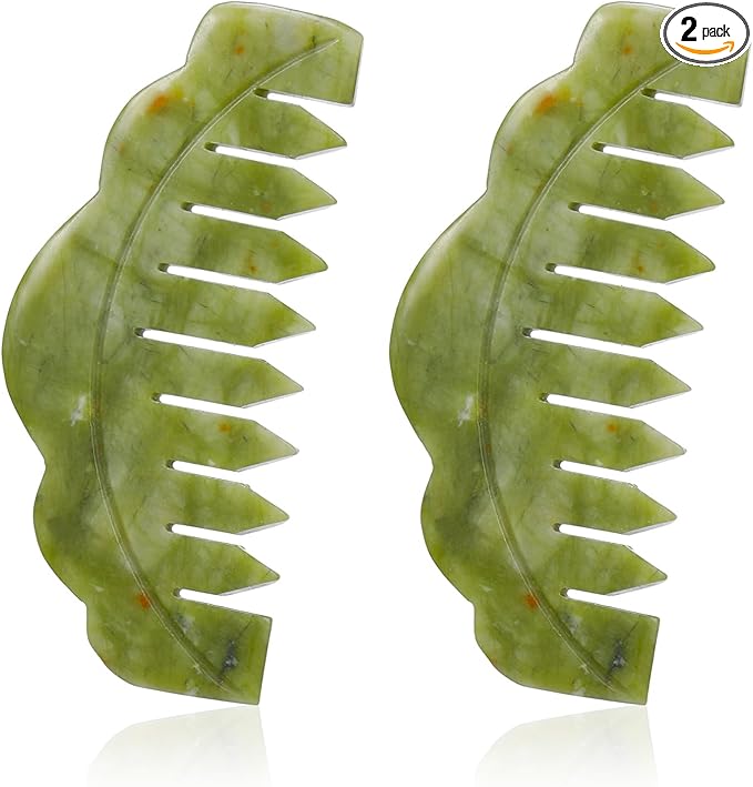 Geiserailie 2 Pcs Jade Combs Esthetician Supplies Massage Stone Hair Gua Sha Scraping Scalp Comb Facial Massage Tool Handheld Head Tools Head Caring Therapy Mother's Day for Women(Plain Style)
