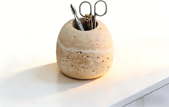 Travertine Match and Toothpick Holder Cute Beige Multi-Purpose Storage Jar for Cotton Swabs Matches Nail Clippers Scissors Bathroom Bedroom Vanity Decor (Beige)