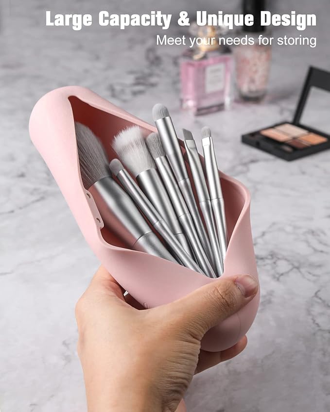 FERYES Large Travel Makeup Brush Holder, Magnetic Anti-fall Out Silicon Portable Cosmetic Face Brushes Holder, Soft and Sleek Makeup Tools Organizer for Travel- (8.27 * 2.36 * 1.57)