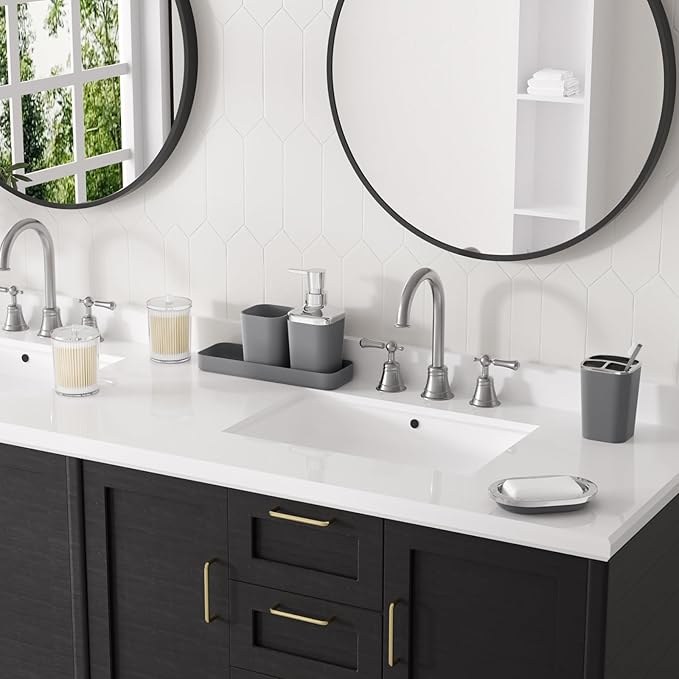 Grey Bathroom Accessories Sets Complete, 9-Piece Bathroom Accessories with Trash Can, Vanity Tray, Soap Dispenser, Soap Dish, Toothbrush Holder, Toothbrush Cup, Toilet Brush and Qtip Holders