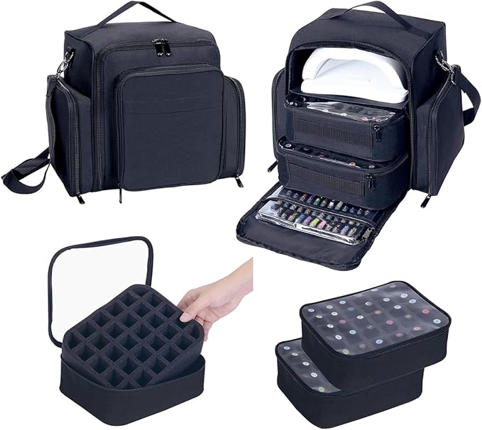 Nail Polish Organizer Case Holds 60 Bottles Portable Travel Storage Box with 2 Detachable Bags, Designed for Women's Nail Tools, Essential Oils and Cosmetics Sets Black