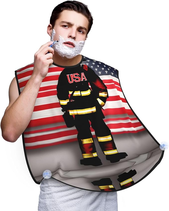 Red Stripe Firefighter Usa Flag Print Beard Bib Shaving Apron, Beard Hair Trimming Cape Gift For Dad