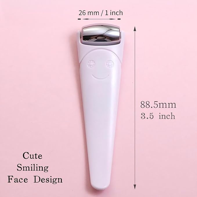 Mini Ice Roller for Face and Eyes, Portable Stainless Steel Facial Massage Tool with Cream Spoon for Travel, Dark Circles and Puffiness Relief, White