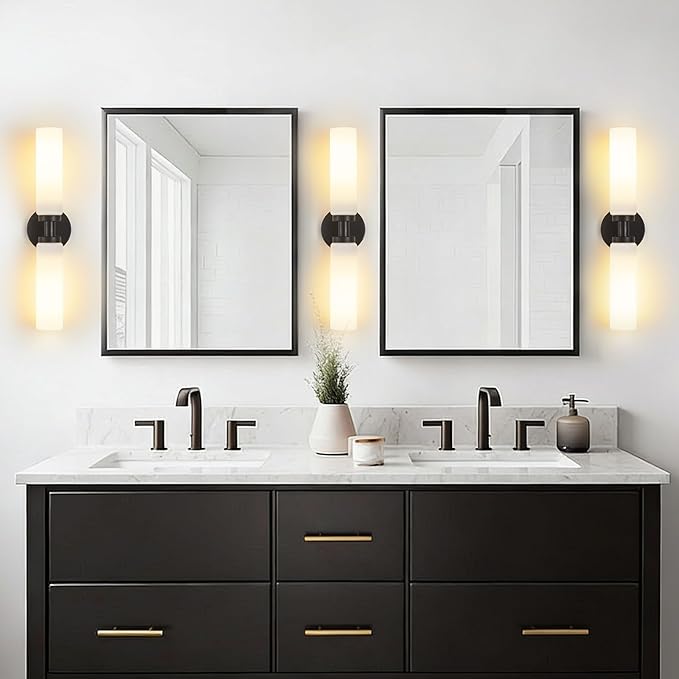 2 Light Black Bathroom Light Fixture Over Mirror, Modern Farmhouse Bathroom Vanity Lights with Milky White Frosted Glass Shade, Wall Sconce for Bathroom Mirror Hallway Cabinet Bedroom Porch