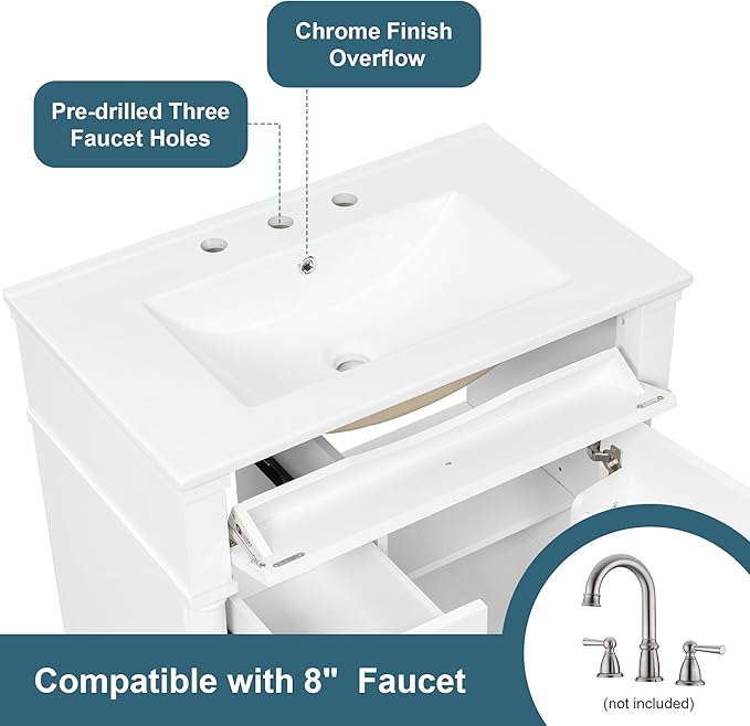 Harper & Bright Designs 30" Bathroom Vanity with Sink, Free Standing Bathroom Vanity Set with Flip Drawer, 2 Drawers, and Adjustable Shelf, Wood Storage Cabinet with Ceramic Basin for Bathroom, White