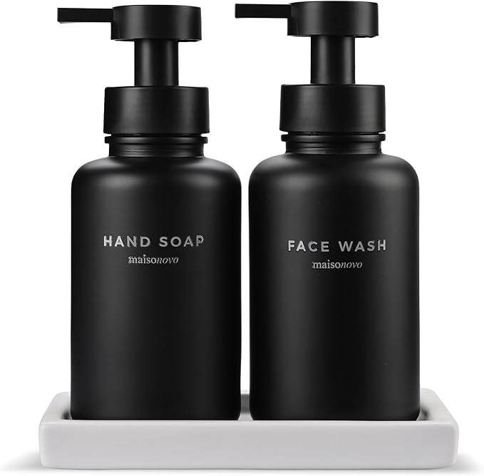 MaisoNovo Glass Foaming Soap Dispenser 14 Oz | Black Glass Black Pumps + Ceramic Tray
