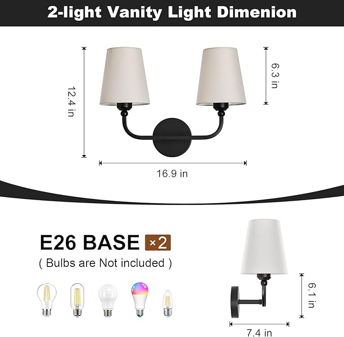 Bathroom Vanity Light, Matte Black Bathroom Light Fixtures, 2-Light Lighting Fixtures Over Mirror, Modern Wall Sconce with Flared White Fabric Shade, E26 Socket(ETL Listed)