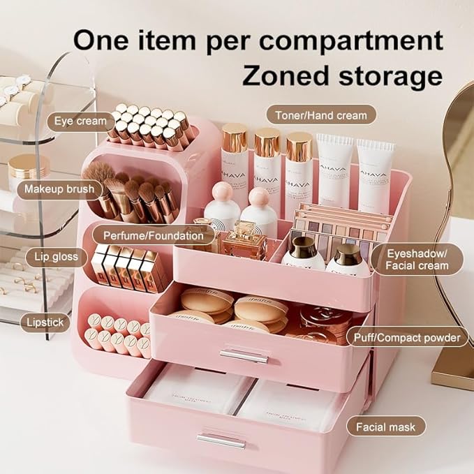 Makeup Organizer with Drawers for Vanity,Spacious Cosmetic Display Case,Perfect Storage Solution for Your Beauty Essential (ALL Pink)